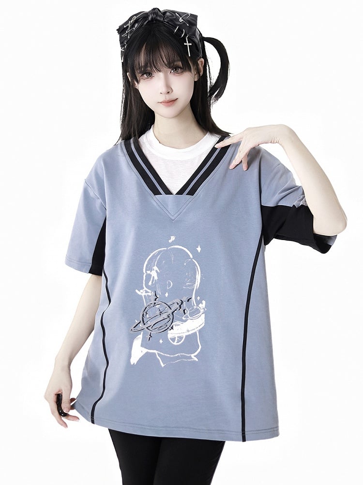 Two-pieces Neck Blue/Red Round Faux Light Graphic T-Shirt
