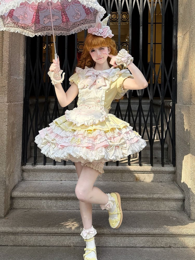 Theme Pink Yellow and Sleeves Puff Lolita Maid Sweet Bunny Dress