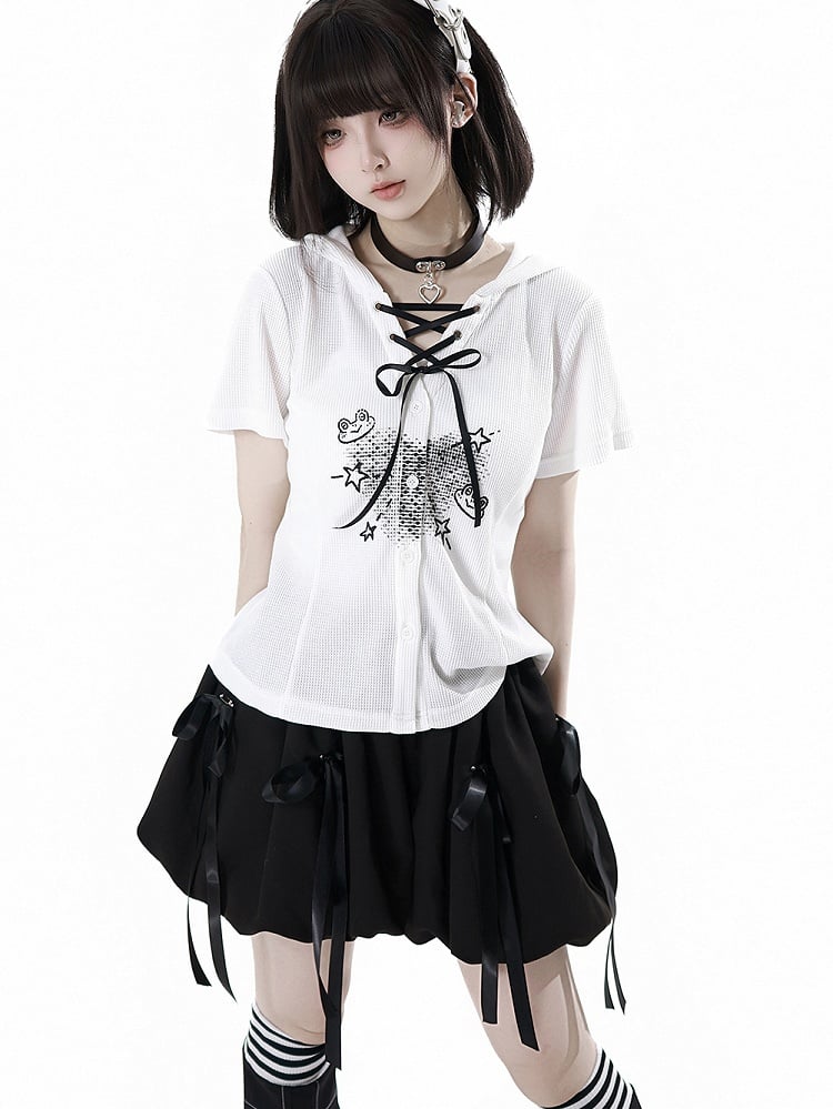 White Frog Lace-up Neckline Front Button Placket T-shirt Cute Print Hooded Waffle