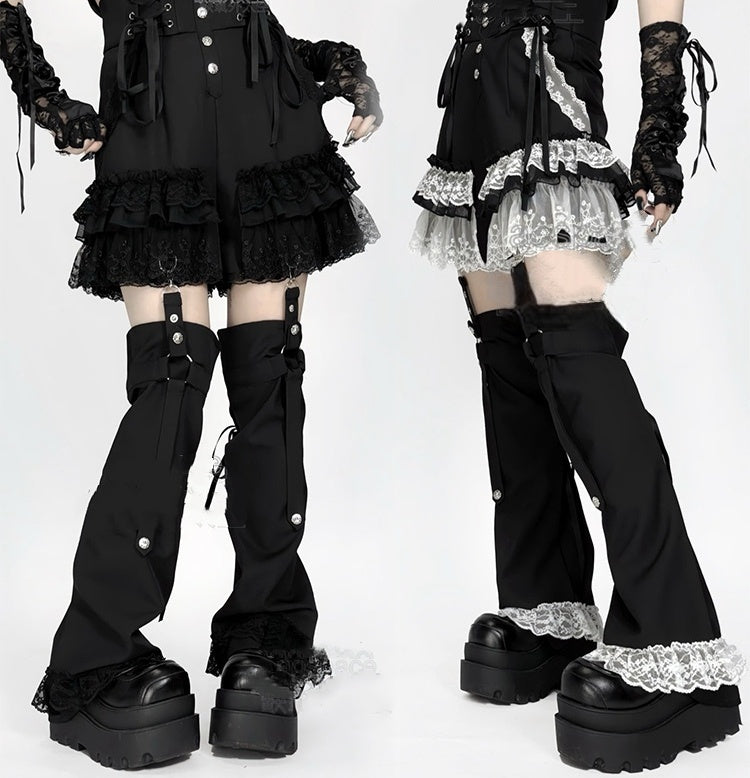 Lace Jirai Black/White/BlackWhite Warmers and with Waist Y2K Shorts: Kei Trim in Tiered Leg Detachable Lace-Up