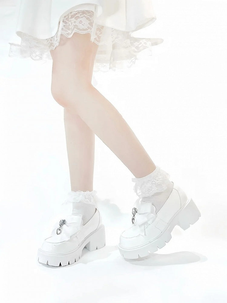Loafers Kei Platform White 6cm in Bow Matte Chunky Heel Heart Decor Rhinestone Jirai