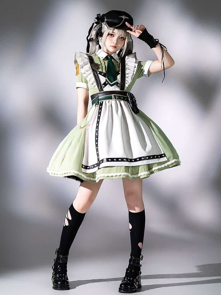 Flutter Military and Set Short Apron Green Dress Full Maid Light Lolita Sleeves