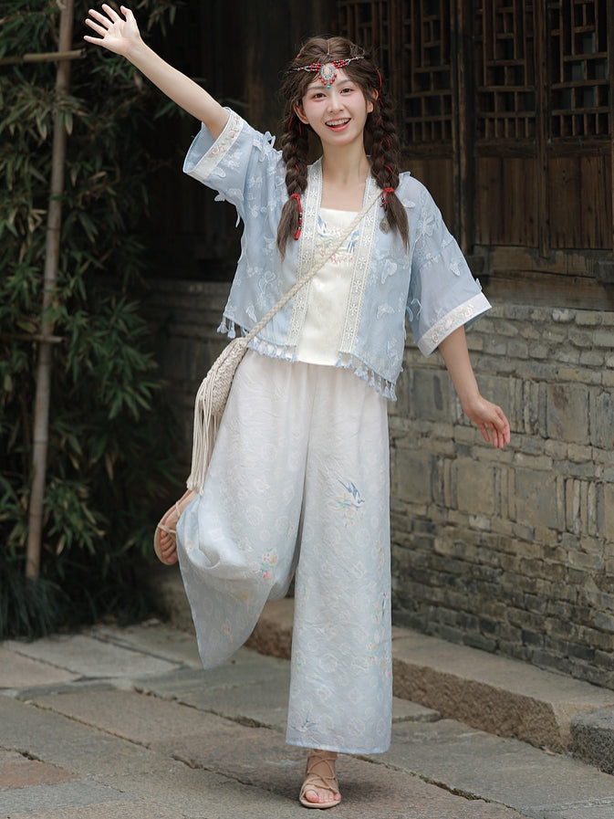 Sleeves Top Hem Butterfly Floral Embroidery Blue Tassels Design Long