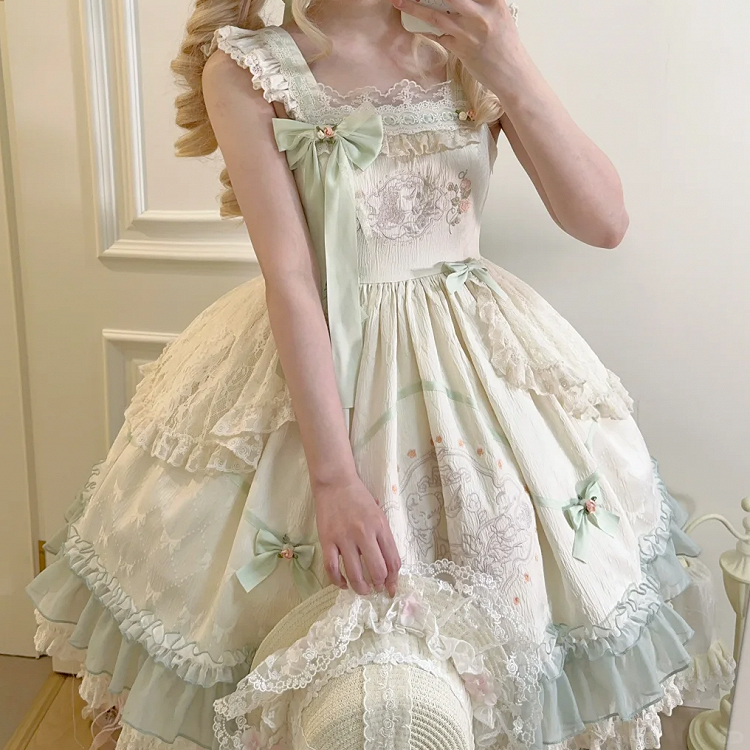 Hoher Rock mit Blumenmuster, Teddy-Stickerei, Lolita-Pullover und Schleife aus Stoff