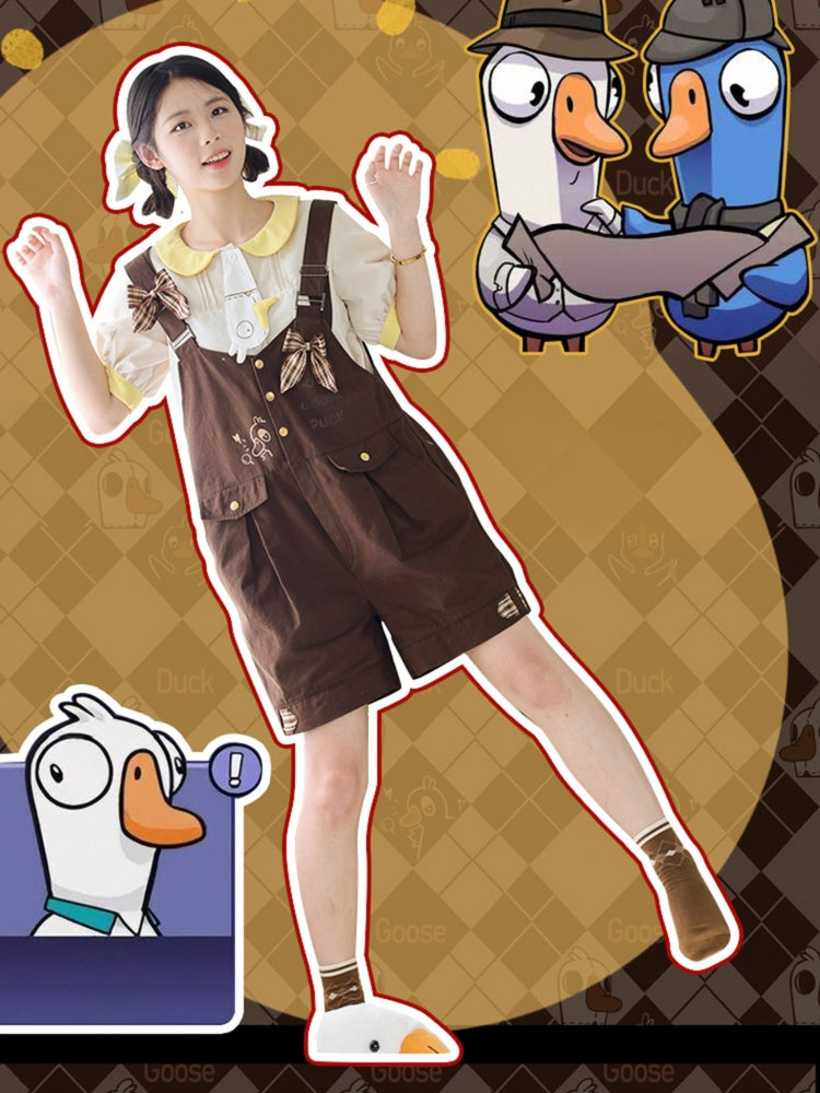 ダークブラウンのチェック柄リボンディテールオーバーオールショーツ