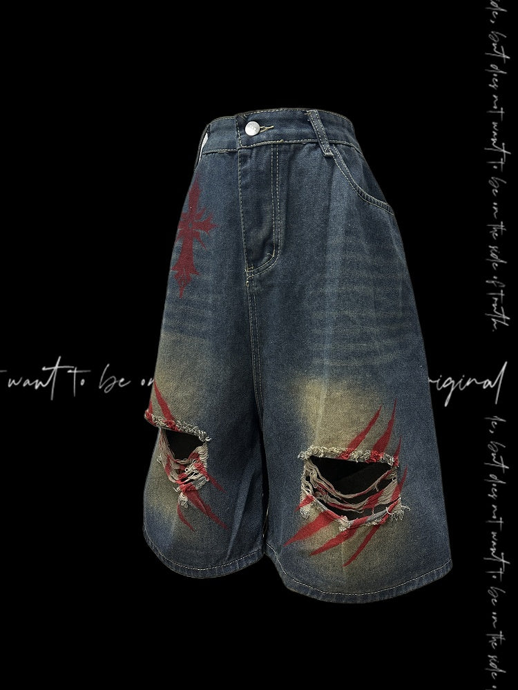 Print Blue Faded Holes Scratch Wash Distressed Wide-leg Denim Shorts