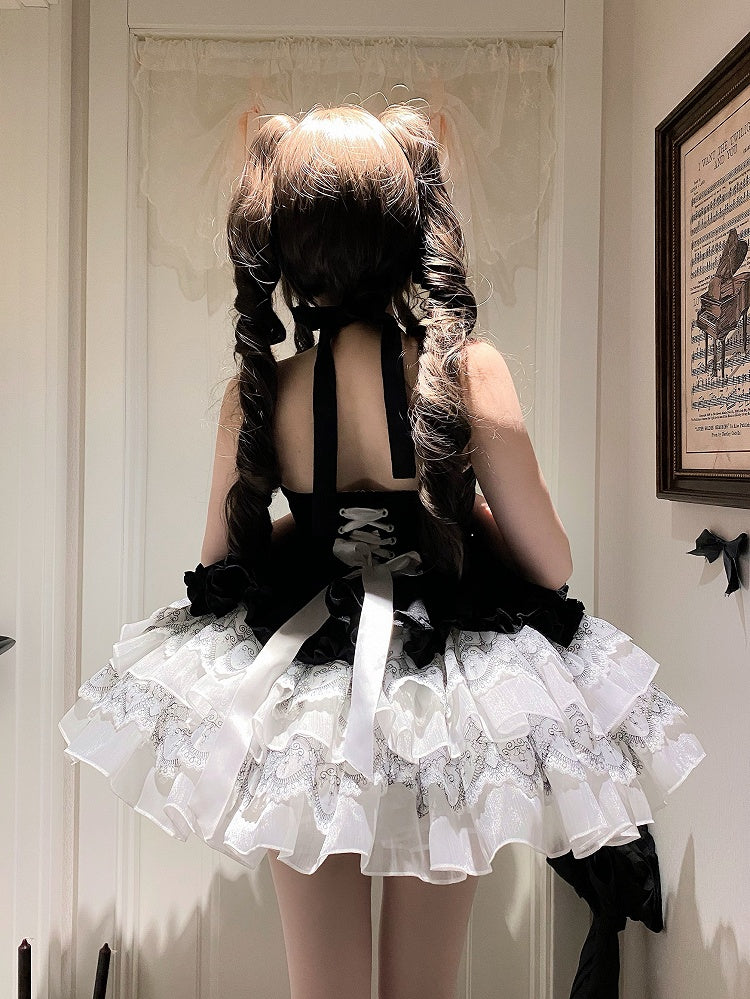Balletcore Black Halter Dress Neck White Princess and Lolita