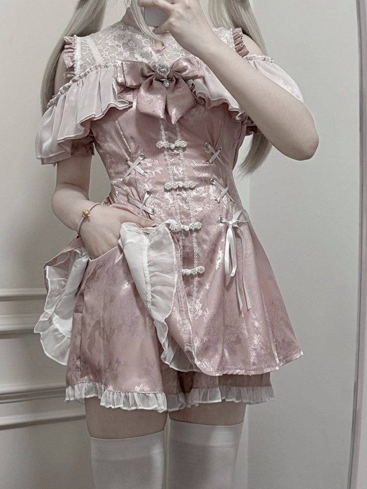 Set- Shorts Bow Tie Neckline + + Bell Sleeves Illusion Cheongsam Mini Dress Dusty Jirai Style Pink Kei