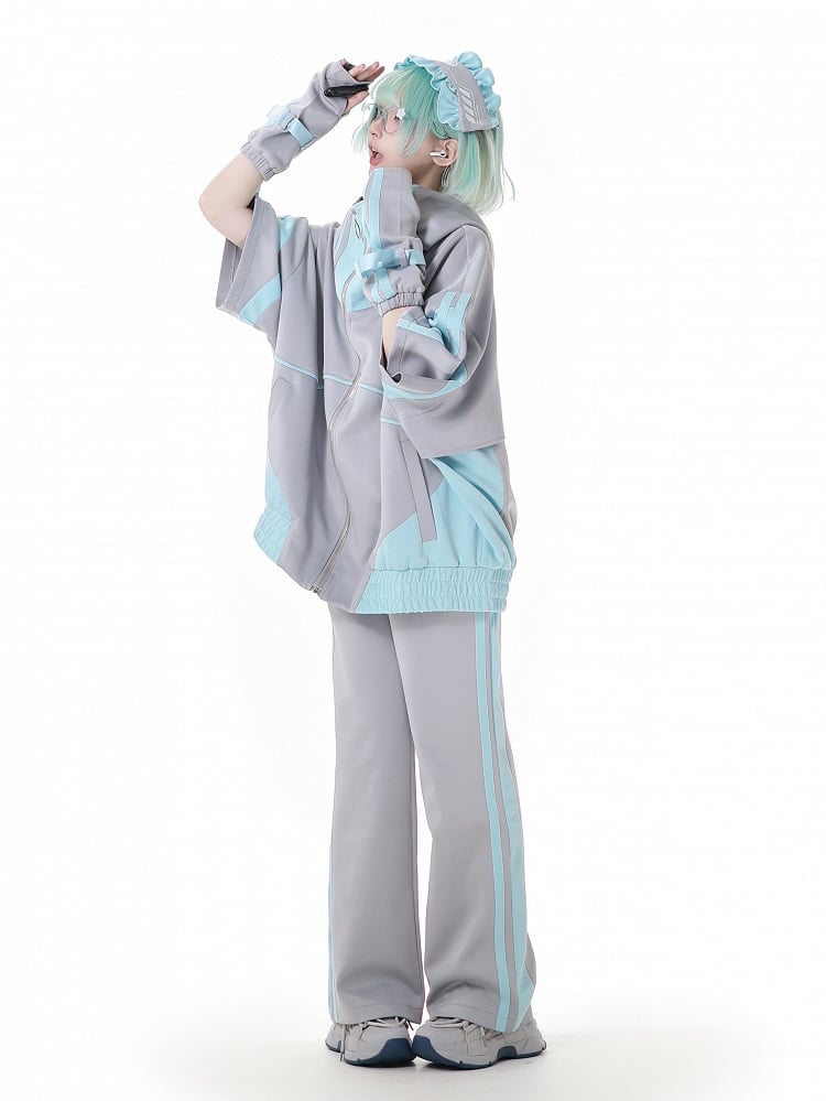 Sleeves Zipper Hoodie Green and Gray Jirai Kei Techwear Straps Design Short