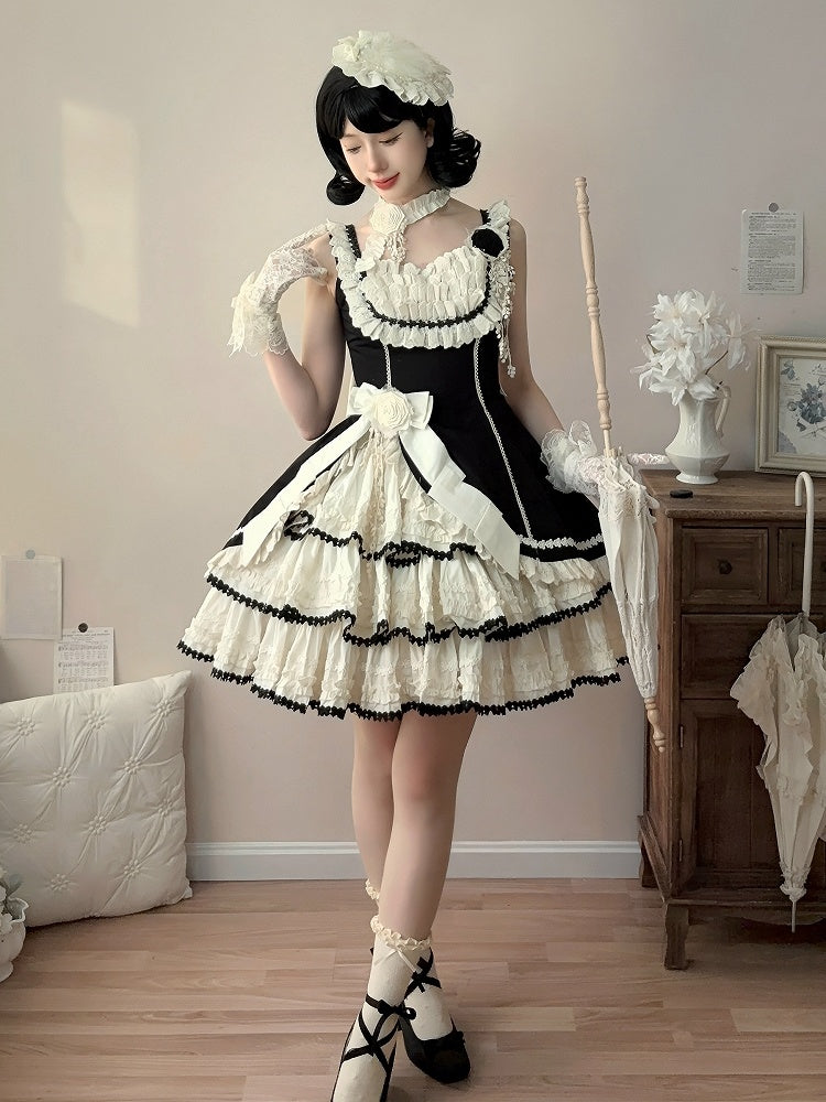 黒とベージュのエレガントなスリムフィットウエストティアードスカートロリータジャンパースカート