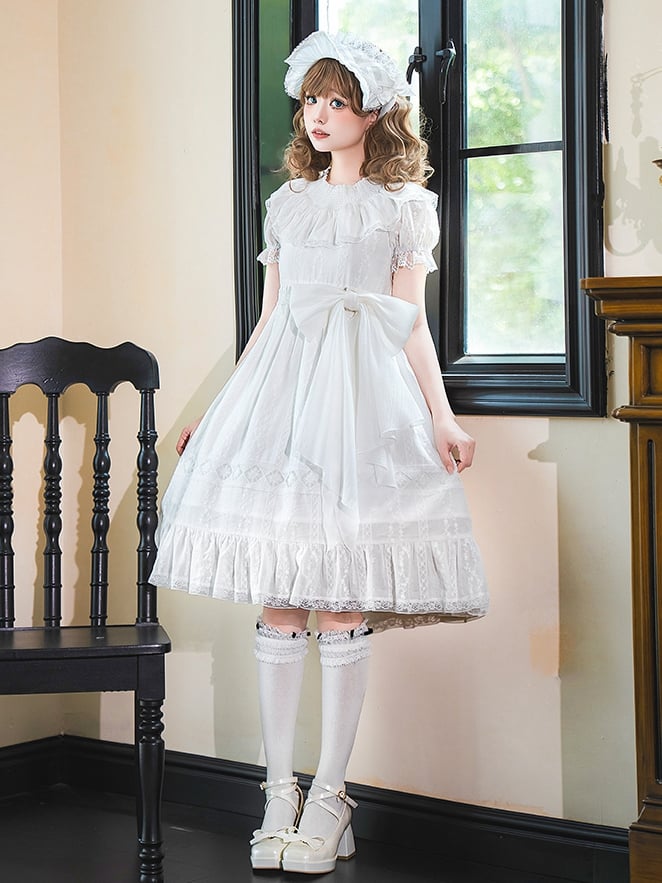 White Lolita Waist Shiro High Puff Cotton Sleeves Dress Sweet