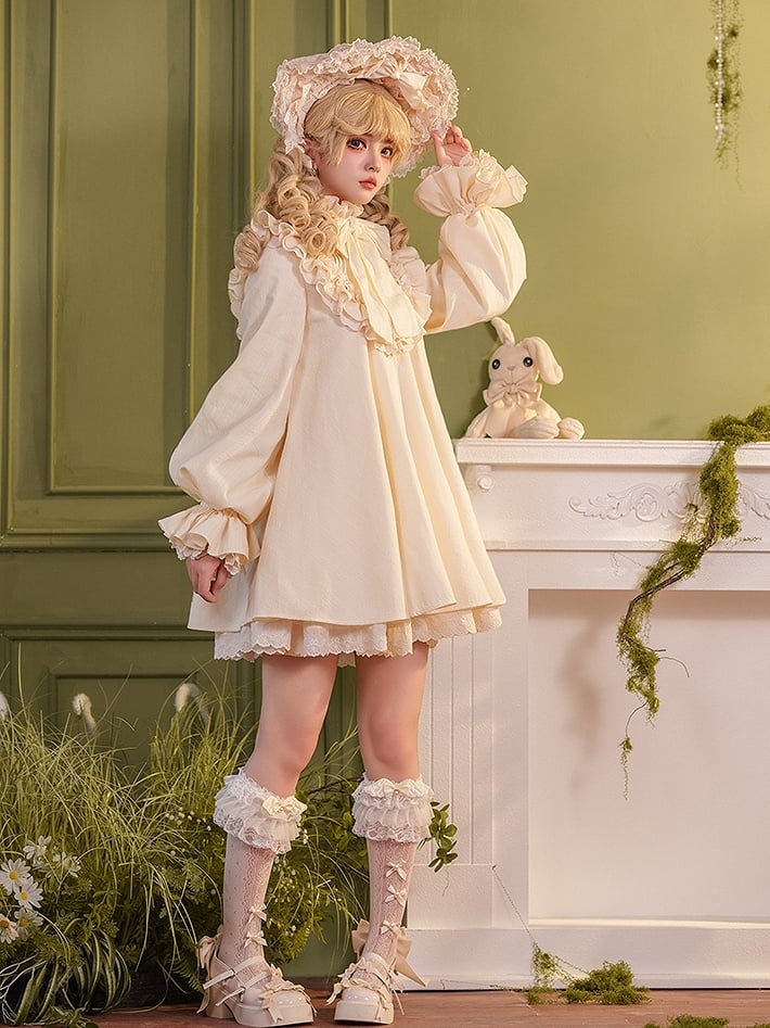 High Dress Bow Ruffled Sleeves Big Long Beige Sweet Cotton Lolita Neck