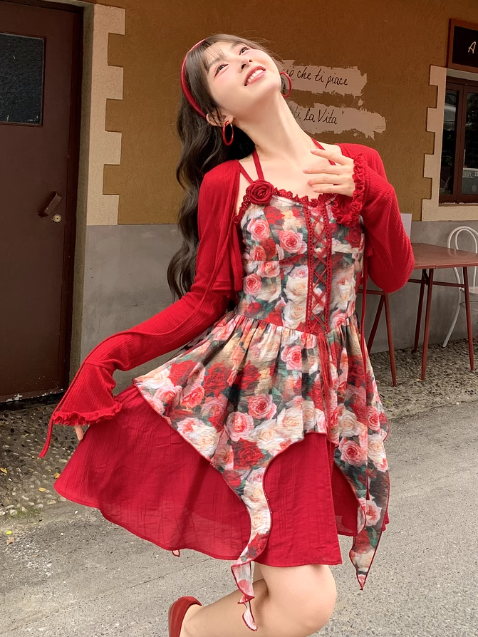 Front Red Rosette Print Cascading Ruffles Lace-up Cami Dress