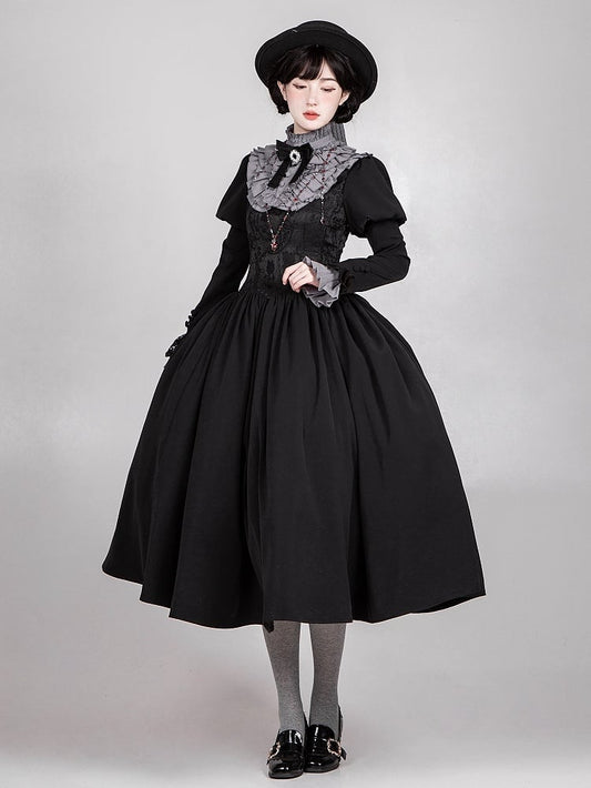 Schwarzes, langes Kleid mit entbeinter Taille und quadratischem Ausschnitt, elegantes Lolita-Komplettset