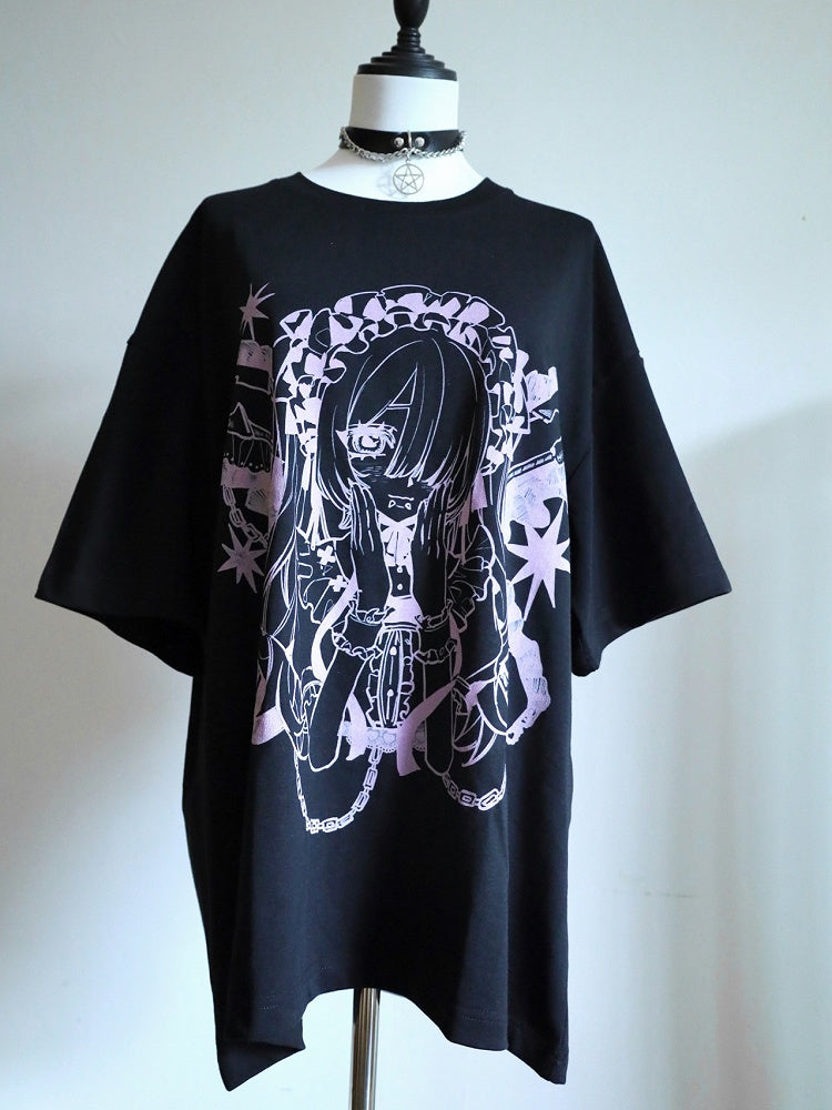 Cartoon Round Print BlackPink T-shirt Jirai Kei Neck Girl