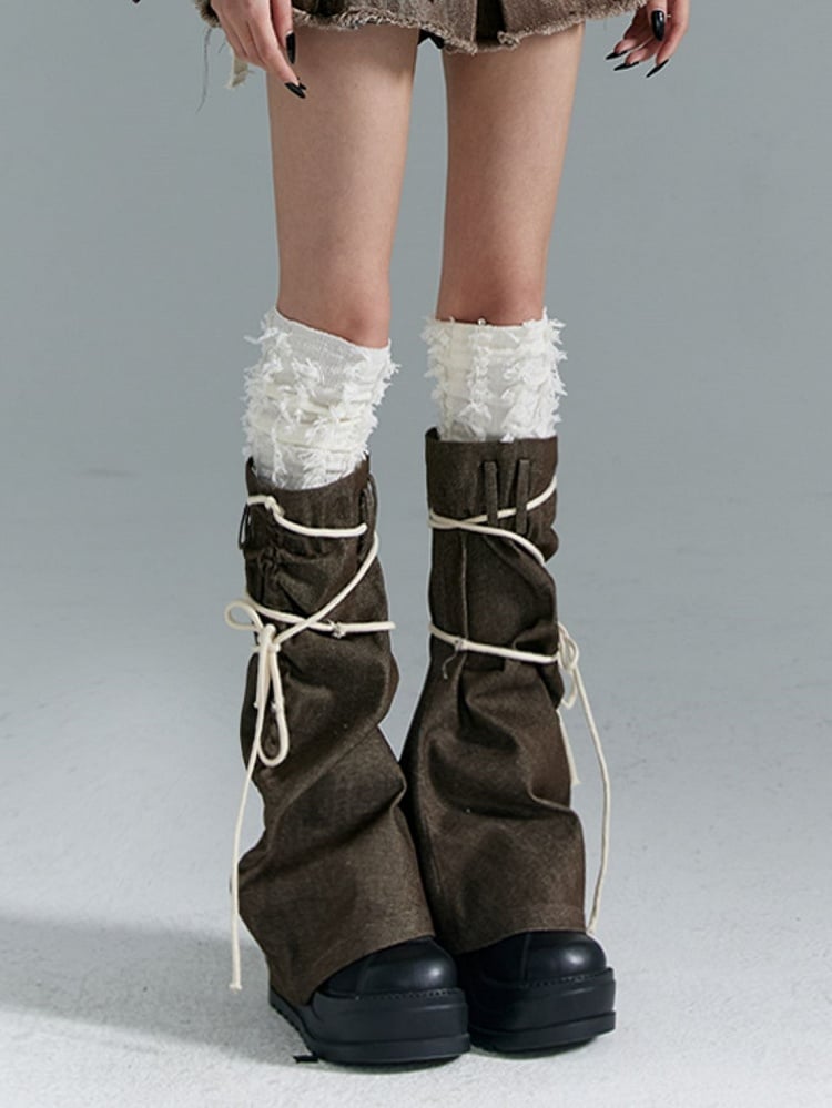 Leg Warmers with White Brown Punk Trim Self-tie Straps