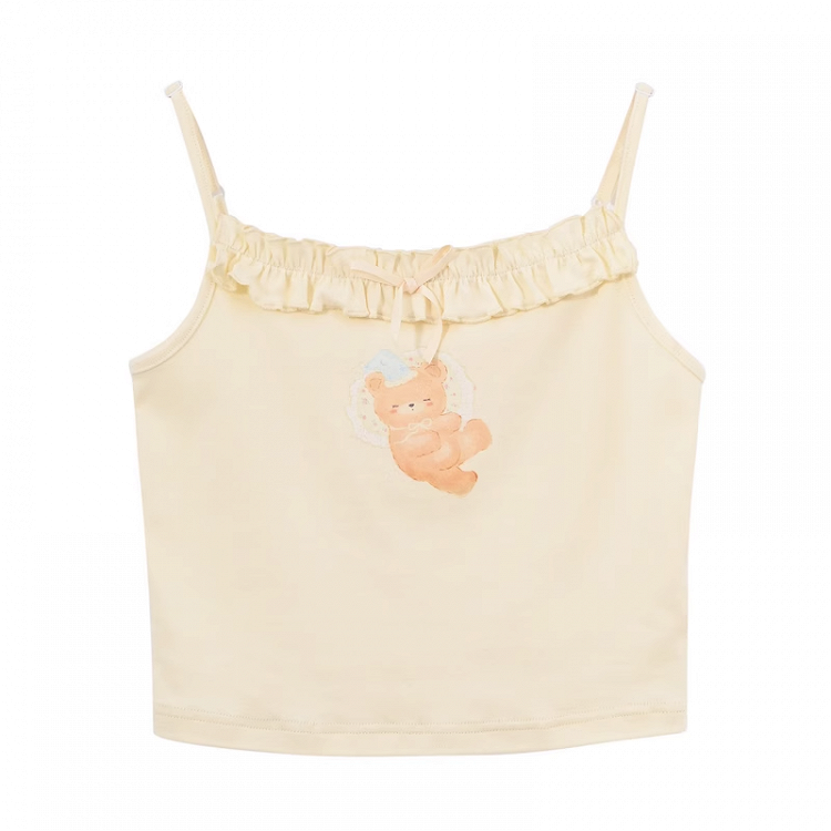 Entzückendes Cami-Top mit Bären-Print und hellgelbem Rüschenausschnitt
