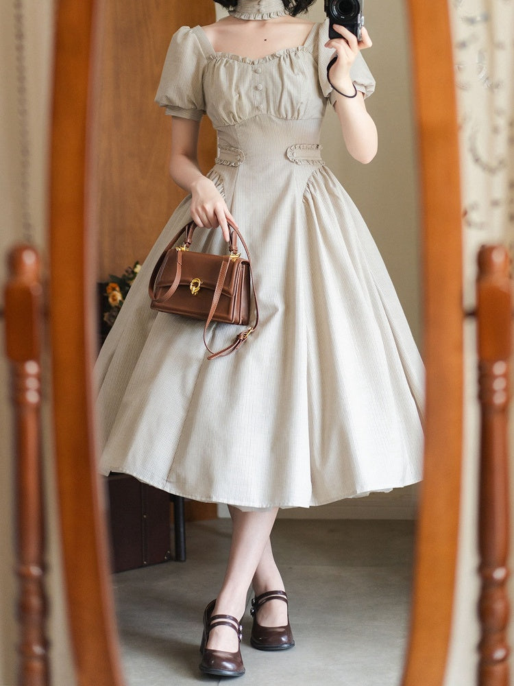 Vintage Dress Fashion Sleeves Khaki Puff Square Striped Neckline Light Retro Fabric