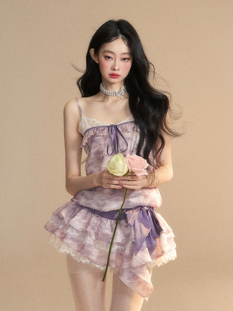 Lavender Oil Strap Tiered with Skirt Slip Dress Mini Painting Self-tie
