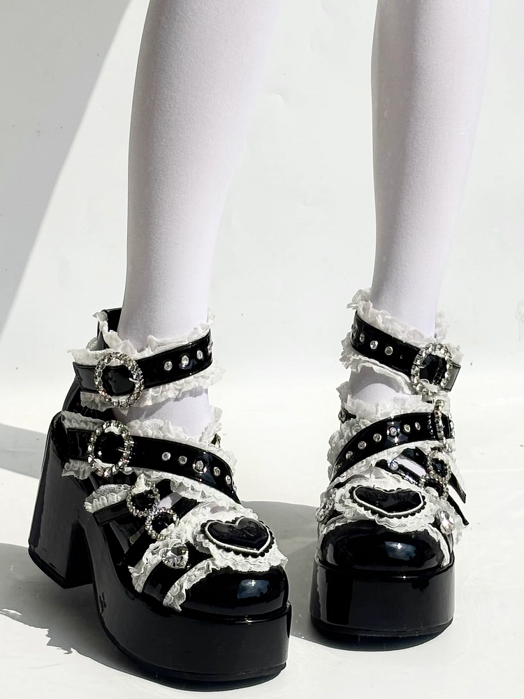 Jirai Buckle with Rhinestone Block Toe and Lace High Heel Embellished Black Straps Shoes: Round Cross Platform Kei