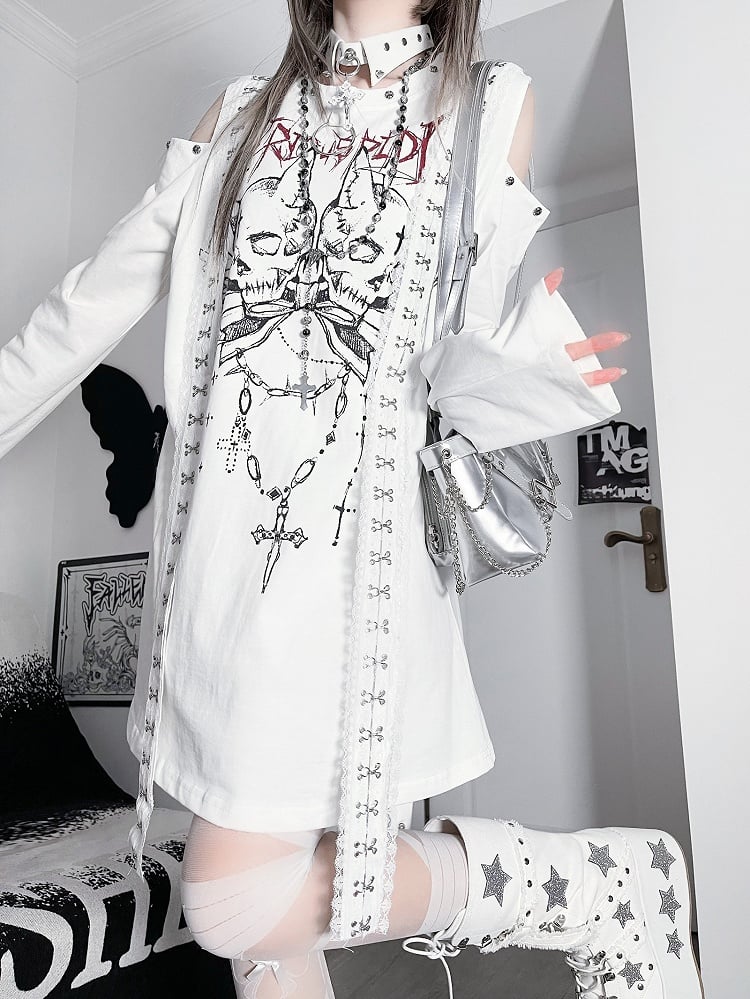 Punk And Shoulder Skeleton Letter Top Long Cutout White Emo Print Sleeves