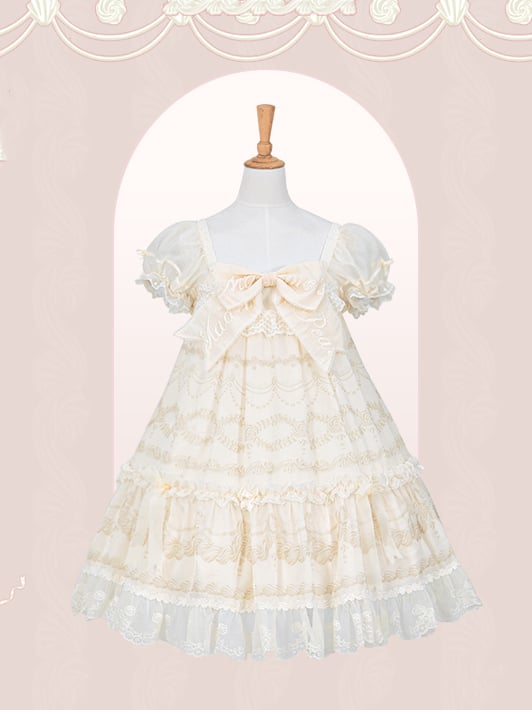 Sleeves Embroidered Print Bow Cream Neckline Dress Puff Lolita White Big Creamy