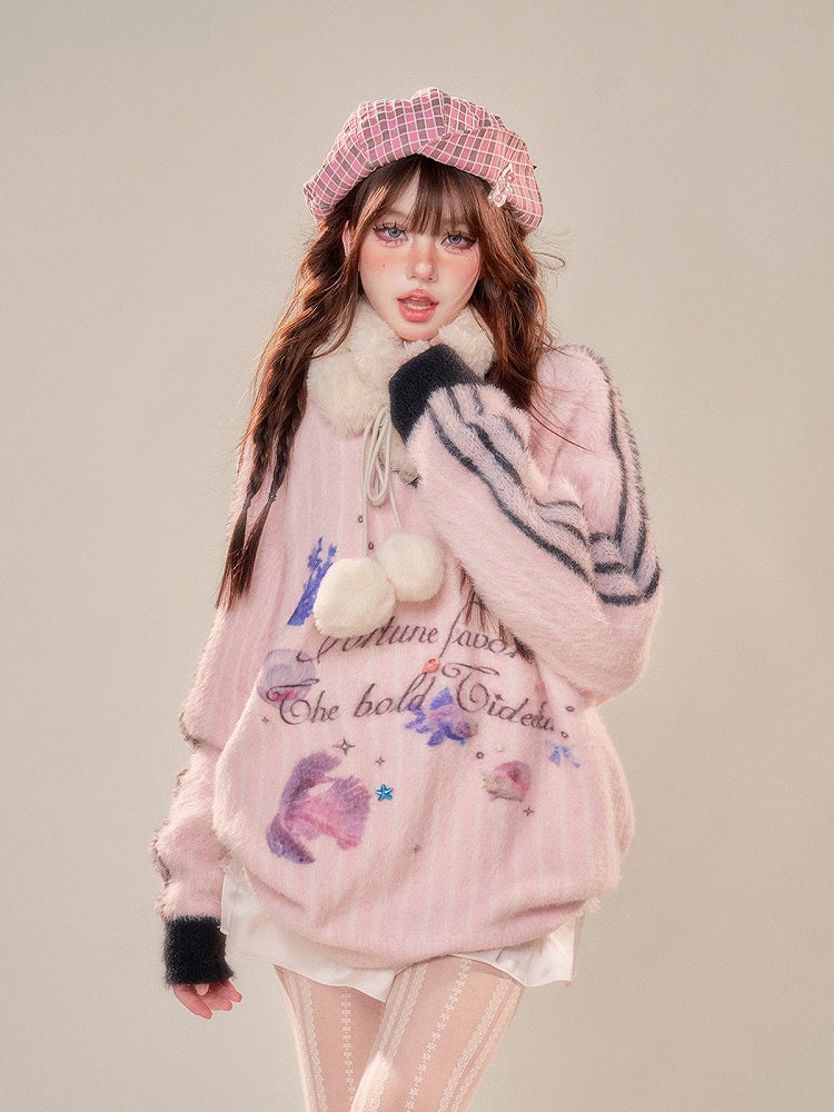 V-Neck Plush Sweater with Oceanic Prints Cozy Pink Stripes