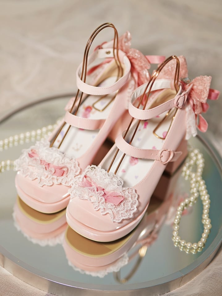 Rosa High Trim Lace Heels Herz Top Schleife an Block Schnallen geknotet