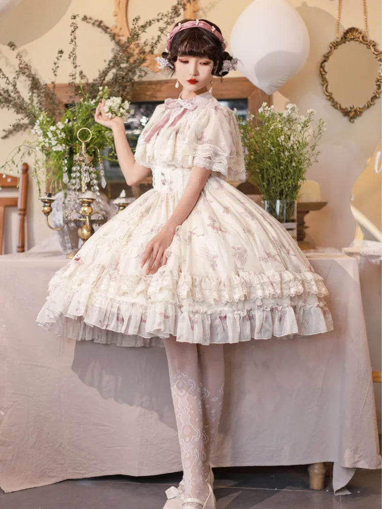 Dress Lolita Classic Elegant Beige Bluebell Neck Floral Edward Print