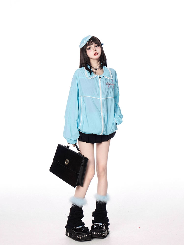 Hem Shirt Collar Elastic Cuffs and Zip-up Jacket Blue