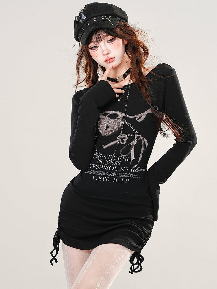 Black Print Lock Heart Dress Drawstring Mini Skirt