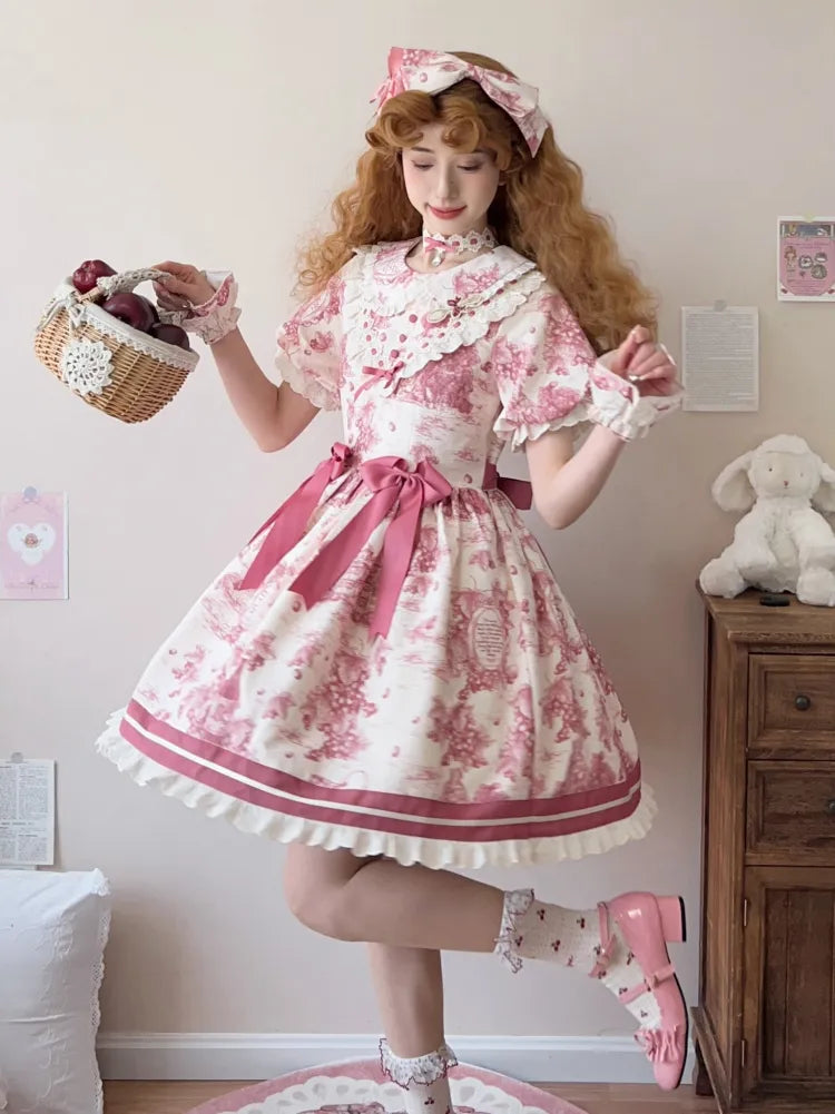 Peter Lolita Pink Dress Sleeves Short Print Grapes Collar Pan