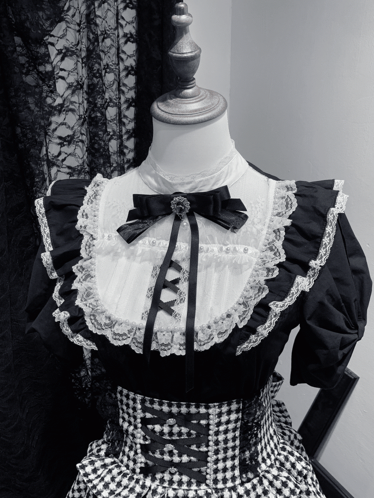 / Lace Trim with Bead Details White Plaid Blouse Jirai Kei Illusion Neckline Black