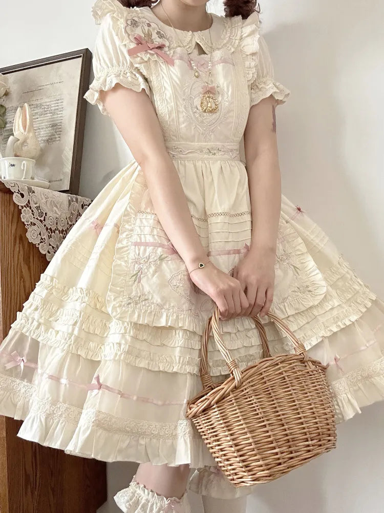 Lolita Pink Beige Peter Dress Cotton Bow and Collar Accents Pan