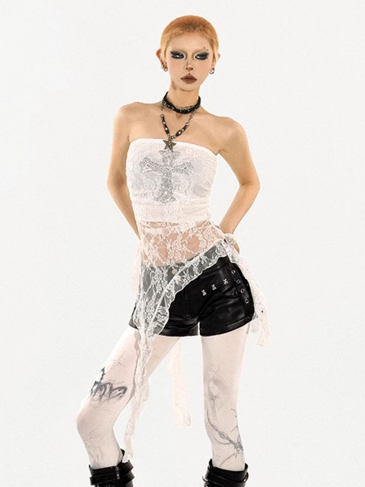 Sheer Tube White Lace Punk Y2K Top with Rhinestone Cross