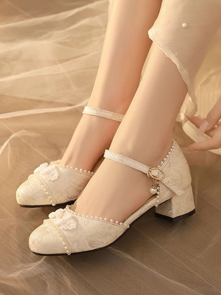 Beige Details - Floral Beads Button Lolita Sandals Mid-heel Frog Pattern Qi Satin