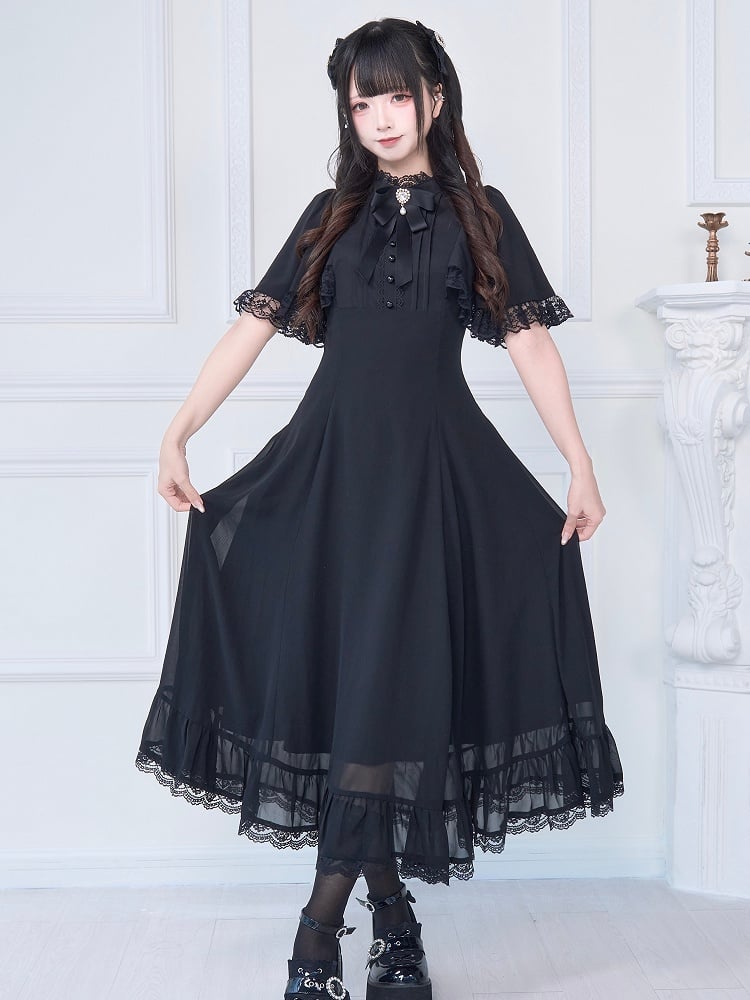 Langes Kleid mit Spitzenbesatz und kostenloser Schleifenbrosche, Jirai Kei, ganz in Schwarz