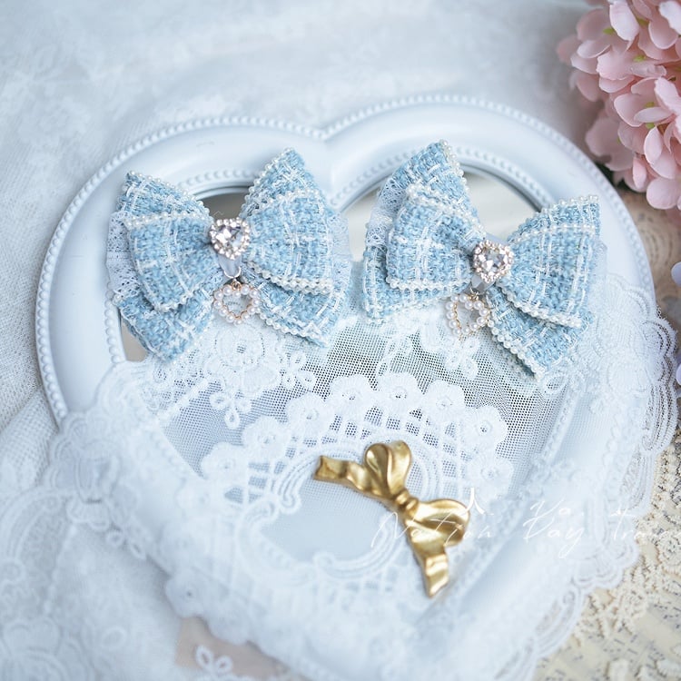 Black/Blue/Pink/Apricot Heart Rhinestone Jirai Kei Bow Hairclips