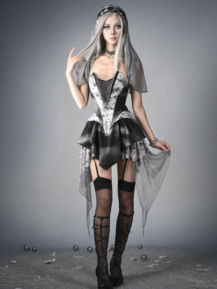 Futuristic Black Basque Waist Metal Y3K Hooded Dress Handkerchief Hem Chains Cyberpunk Fashion Front