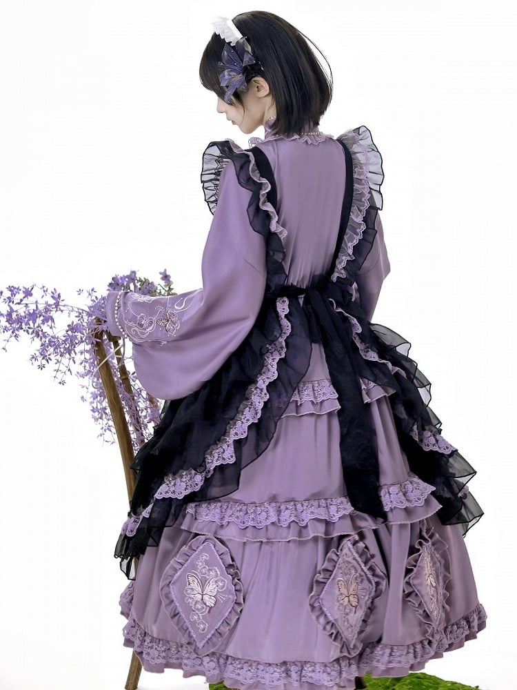 Delicate Butterfly Apron Lolita Dress Black Set Purple Han and Embroidery Full Floral +