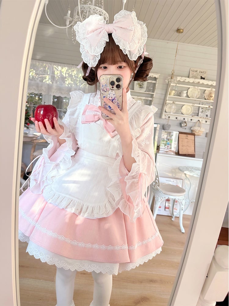 Pink & White Sakura Jirai Kei Full Set-Bell Sleeves Top+Puff Skirt+Apron Cherry Blossom Festival Wa Style Outfit