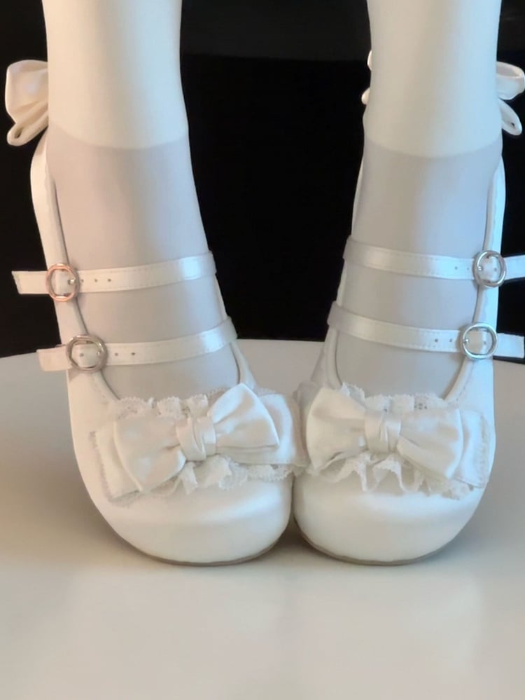 Sweet Janes Double with Mary Satin-Finish Lace Ruffled White Bow PU Lolita Buckles -