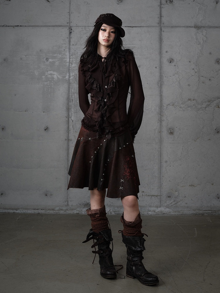 Asymmetrical Skirt Punk Reddish with Embroidery Wasteland Hem Brown Floral Suede