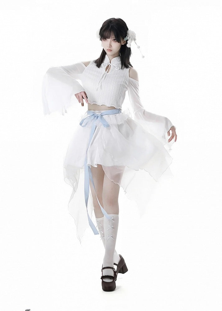 Sleeves Cropped Top White Cheongsam Collar Cutout Shoulder Bell