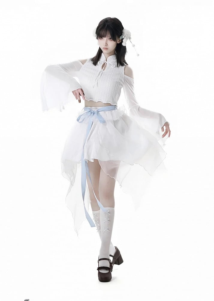 ホワイトのアシンメトリーメッシュヘムスカートバージョン(リボン付き)ショート/ロングセルフタイ