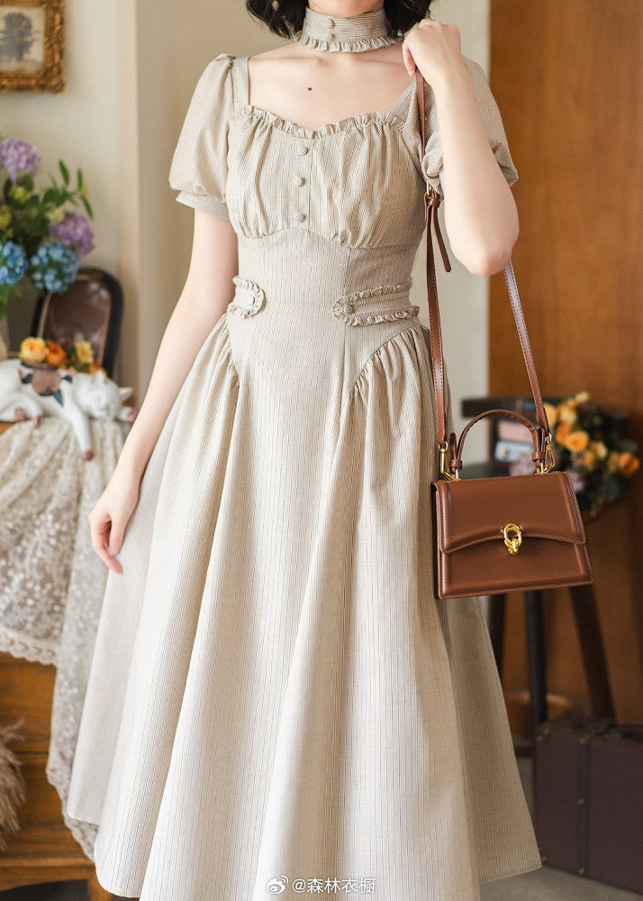 Vintage Dress Fashion Sleeves Khaki Puff Square Striped Neckline Light Retro Fabric