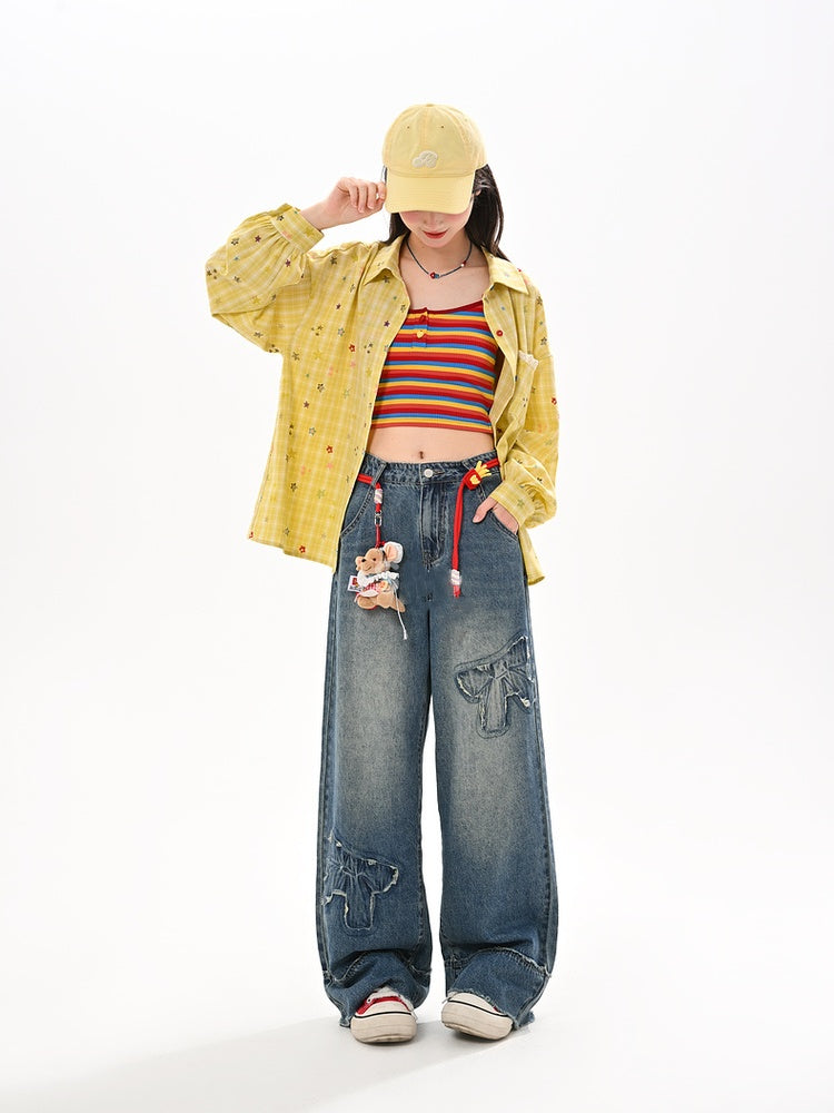 Raw Wide-Leg Jeans Waist Bowknot Appliques Blue Low Hem Vintage
