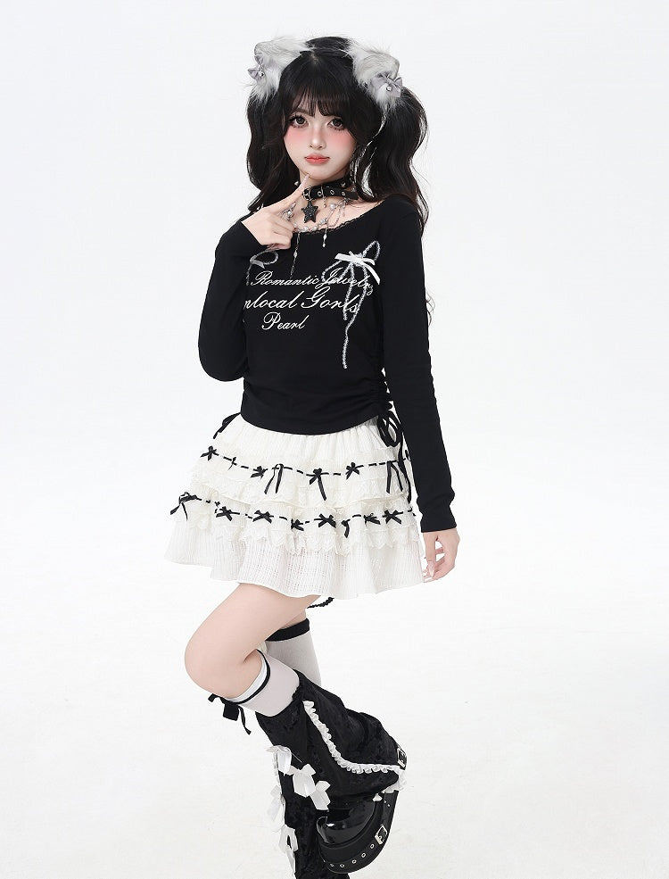 Bowknot Print Lace Sweet Top Trim Drawstring Waist White/Black