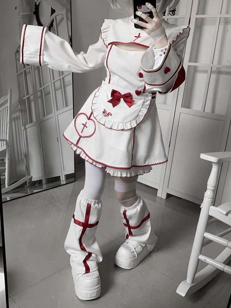 Maid Set: Halloween-themed Embroidery Buttons Cross Heart White Red Dress with + Kawaii Shorts Yami