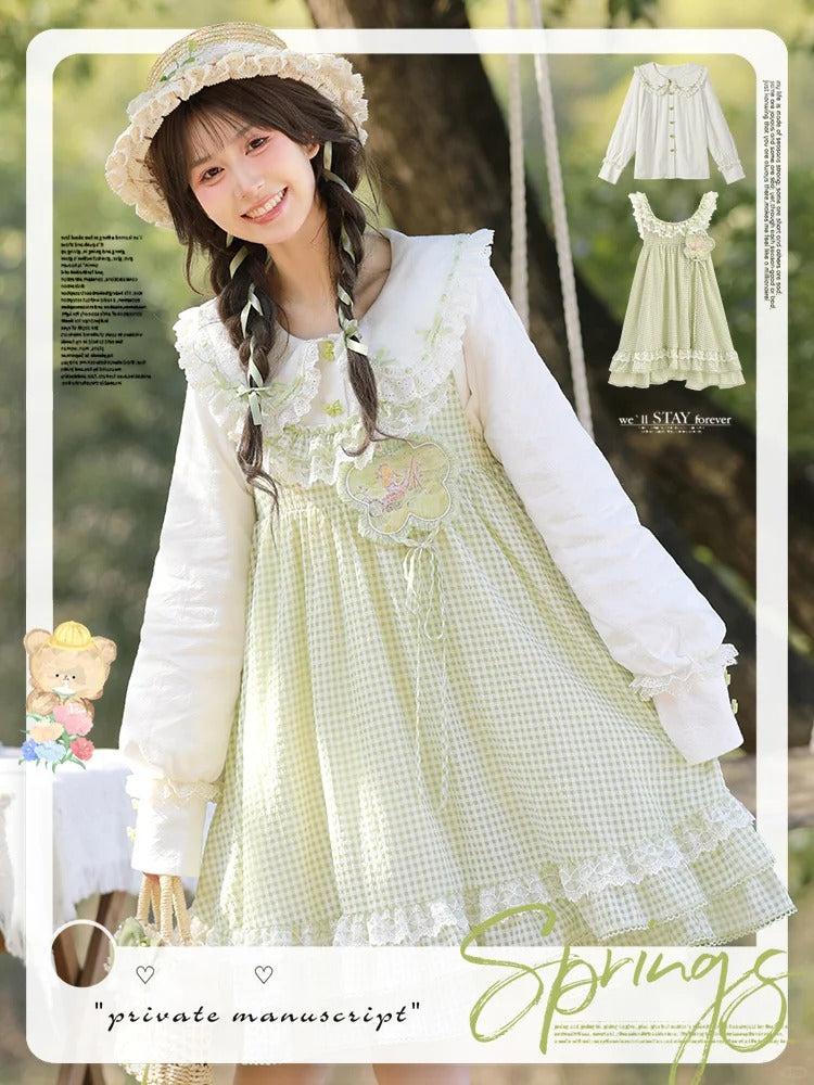 Green and White Plaid Ruffle Hem Overalls Mori Kei Dress